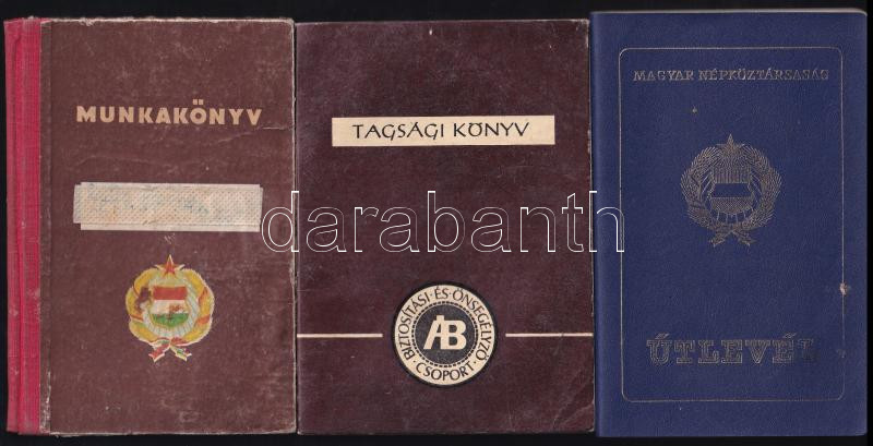 cca 1960-2000 össz. 6 db okmány: 1988 Fényképes világútlevél és továbbképzési bizonyítvány, 1965-1991 munkakönyv, stb.