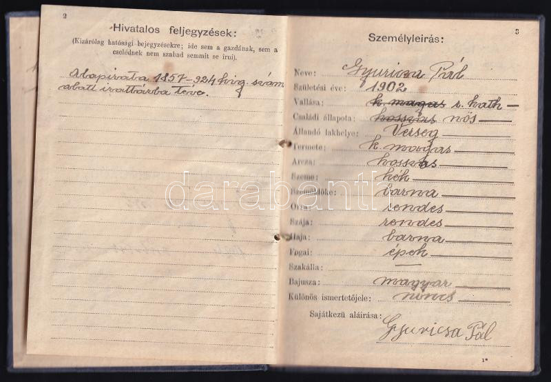 cca 1920 Szolgálati cselédkönyv néhány bejegyzéssel - Image 2