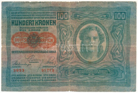 Ausztria 1919. (1912) 100K vízszintes 'DEUTSCHÖSTERREICH' felülbélyegzéssel, mindkét oldal német T:III- szakadások, kis anyaghiány Austria 1919. (1912) 100 Kronen with horizontal 'DEUTSCHÖSTERREICH' overprint, both sides in german C:VG