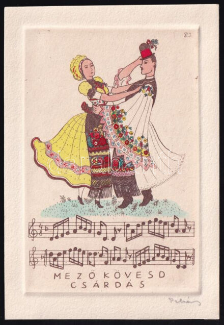 Pekáry István (1905-1981): Mezőkövesd, csárdás. színezett rézkarc, papír, jelzett, 13×8,5 cm