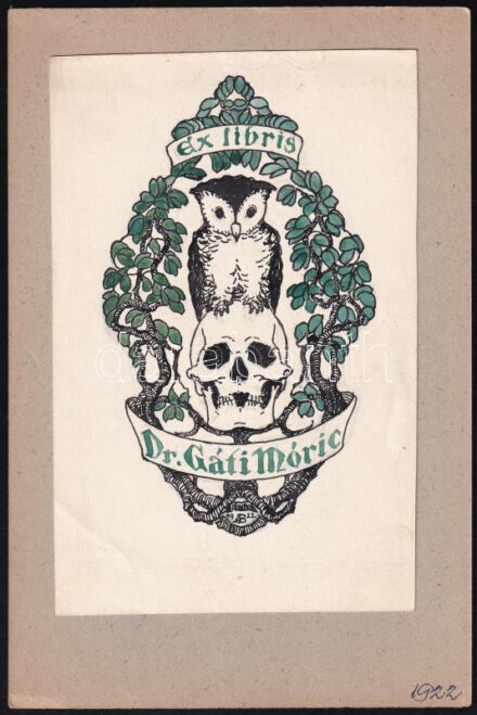 Bajor Ágost (1892-1958): Ex libris Dr. Gáti Móric. Ex libris terv, vegyes technika, papír, kartonra ragasztva, 19,5×12,5 cm