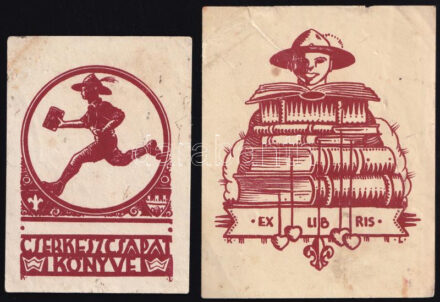 Kozma Lajos (1884-1948): 2 db cserkész ex libris, klisé papír, jelzett, foltos, 9×6,5 és 10,5×8 cm