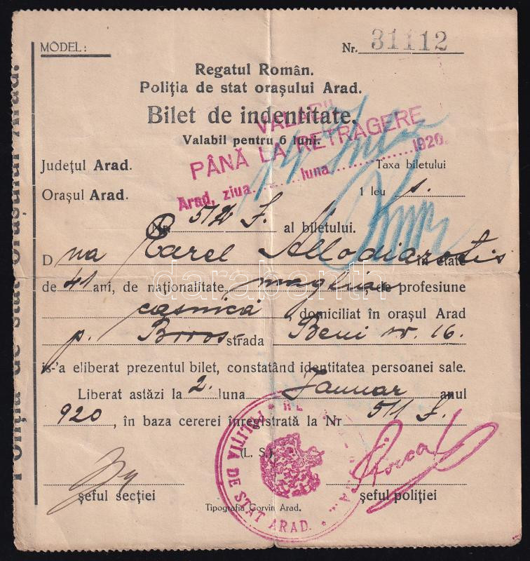 1920 Aradi azonosítási igazolvány