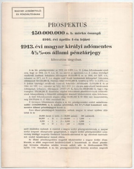 1913. 'Pesti Magyar Kereskedelmi Bank' prospektusa, aláírási felhívása és az ahhoz tartozó kísérőlevél az 1913-as magyar királyi adómentes 4 1/2%-os állami pénztárjegy kibocsátásáról, magyar nyelven T:III