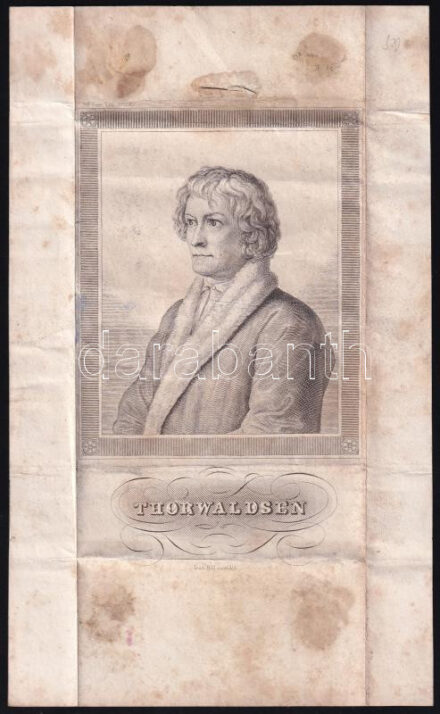 'Thorwaldsen' Albert Bertel Thorvaldsen (1770-1784) izlandi származású dán szobrász rézmetszetű portréja, papír, jelzés nélkül, foltos, hajtott, 11x9 cm