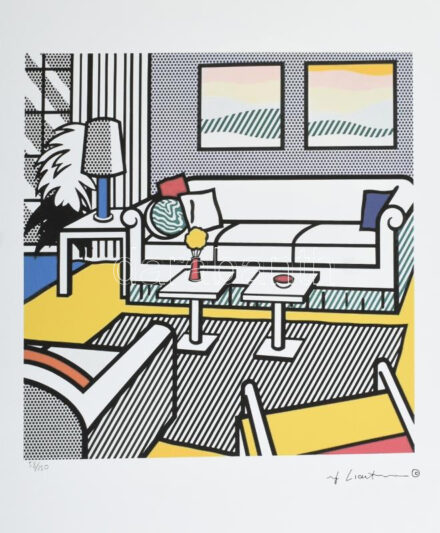 Roy Lichtenstein (1923-1997): Living room. Ofszet litográfia. papír. Sorszámozott, jelzett a nyomaton 58/150 Styria Studio Lapméret. 35x50 cm, Képméret 30x28 cm