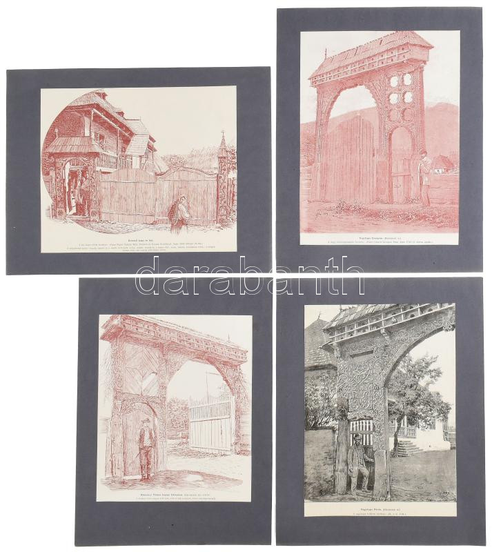 cca 1900-1910 4 db Székelykaput ábrázoló nyomat, papírok, kartonlapokon, 22x18 cm, 20x23 cm, 26x19 cm, 25x18 cm