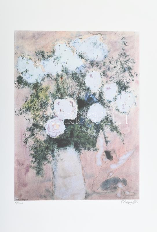 Marc Chagall (1887-1985):Bokréta. Ofszet- lito, papír, jelzett a nyomaton, 'S:P.A.D:M. Paris' szárazpecséttel Számozott:15/300. Képméret: 36x54 cm. Lap méret 50x70 cm, / Numbered, marked