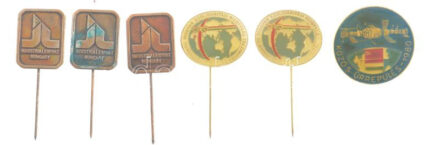 1980. 'Közös űrrepülés' festett műgyantás jelvény (30mm) + 'Magyar Szolidaritási Bizottság' festett műgyantás jelvény (2x) (21x26mm) + 'Industrial Export Hungary' (3x) (23x18mm) T:1,1- folt, korrózió