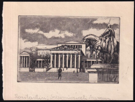 Konstantin László (1930-): Szépművészeti Múzeum. Rézkarc, papír, jelzett, 7×11 cm
