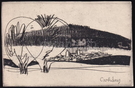 Csohány Kálmán (1925-1980): Erdős táj faluval, rézkarc, papír, jelzett a karcon, 10×15 cm