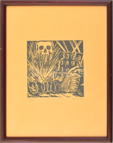 Katona jelzéssel: Csatatér (4/50). Linómetszet, papír, üvegezett keretben, 11×11 cm