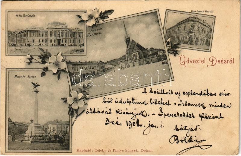 1902 Dés, Dej; M. kir. Törvényszék, Piac tér, Református templom, Voith Gergely palotája, Rehák A. üzlete, Millenniumi szobor. Kapható Teleky és Pintye könyvk. / court, market square, Calvinist church, palace, publisher's shop,