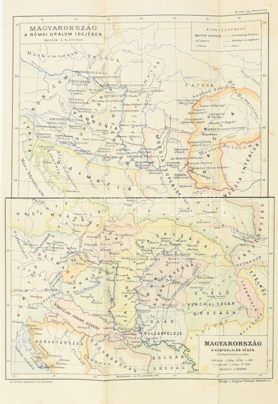 cca 1900 Magyarország a római uralom idejében/Magyarország a honfoglalás végén, Bp., Magyar Földrajzi Intézet Rt., 38x25 cm