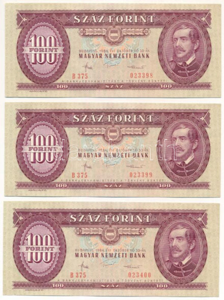 1984. 100Ft 'B 375 023398 - B 375 023400' sorszámkövető (3x) T:II Adamo F37