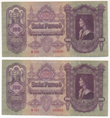 1930. 100P (2x) egyugrásos sorszámkövetők 'E 405 029590' és 'E 405 029592' T:II Adamo P17