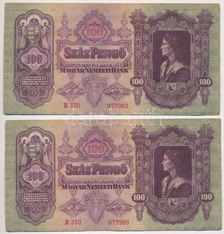 1930. 100P (2x) közeli sorszámkövetők 'E 330 073982' és 'E 330 073988' T:II Adamo P17