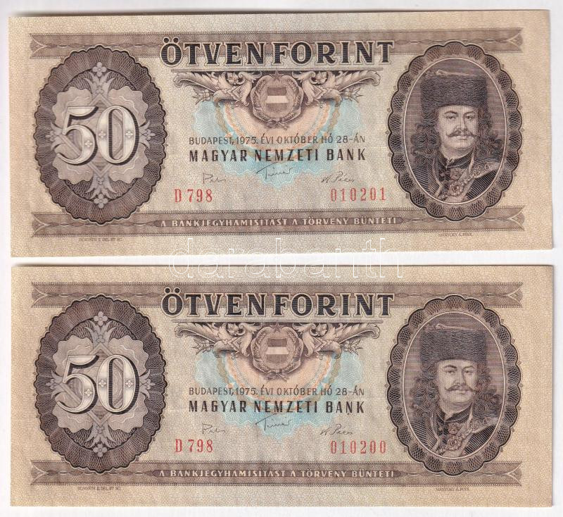 1975. 50Ft 'D798 101200, D798 01201' sorszámkövető (2x) T:I-,II hajtatlan Adamo F21