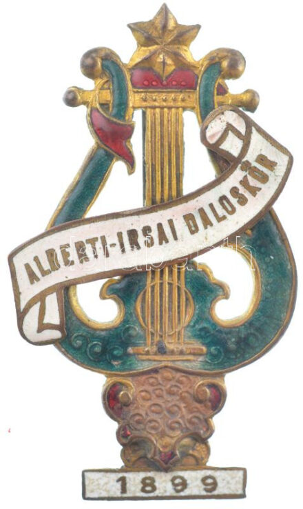 ~1930. 'Alberti-Irsai Daloskör' zománcozott bronz kitűző 'Kazinci u. 10'' gyártói jelzéssel (55x30mm) T:2- tű nélkül, zománchiba
