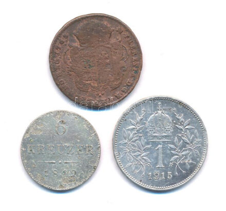 Ausztria 1849A 6kr Ag + 1915. 1K Ag 'Ferenc József' + Magyarország 1763. Rézpoltúra T:2-3 Austria 1849A 6 Kreuzer Ag + 1915. 1 Krone Ag 'Franz Joseph' + Hungary 1763. Copper Poltura C:XF-F