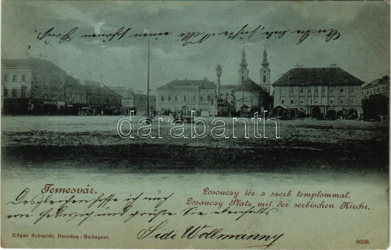1900 Temesvár, Timisoara; Losonczy tér, szerb templom, piac este / market square, Serbian church at night