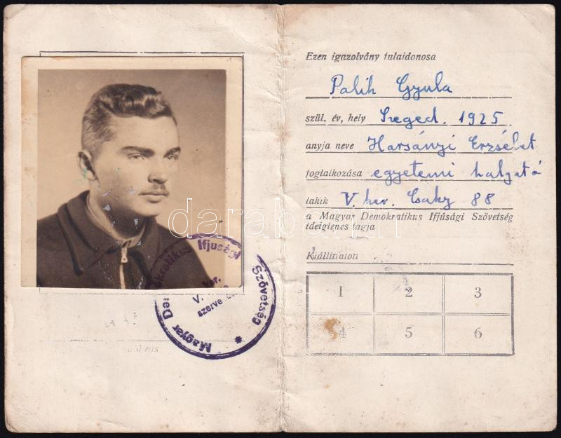 1945 Magyar Demokratikus Ifj. Szövetség ideiglenes tagsági igazolvány kijáró fényképpel