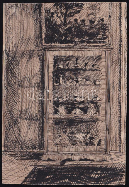 Kézdi-Kovács Elemér (1898-1976): Vitrin. Tus, papír, jelzés nélkül, hátoldalán édesapja, Kézdi-Kovács László (1864-1942) festőművész, műkritikus autográf feliratával ('Vitrin, K. K. Elemér'), Pesti Hírlap szerkesztősége