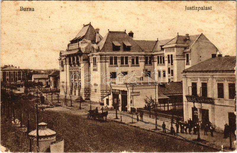 1918 Buzau, Buzeu, Bodzavásár; Justizpalast / Palace of Justice, shops (fa)