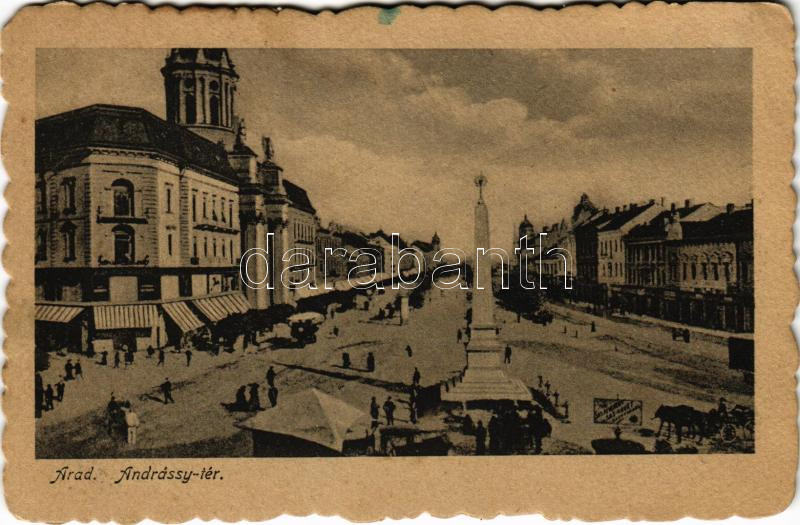 1927 Arad, Andrássy tér, piac, üzletek. Mandl J. kiadása / square, market, shops