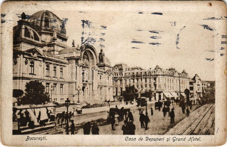 1923 Bucharest, Bukarest, Bucuresti, Bucuresci; Casa de Depuneri si Grand Hotel / street view, hotel, horse-drawn tram (EM)