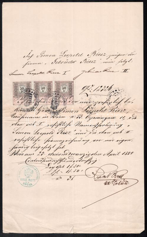 Bécs 1880 Okmány 3 x 50kr okmánybélyeggel