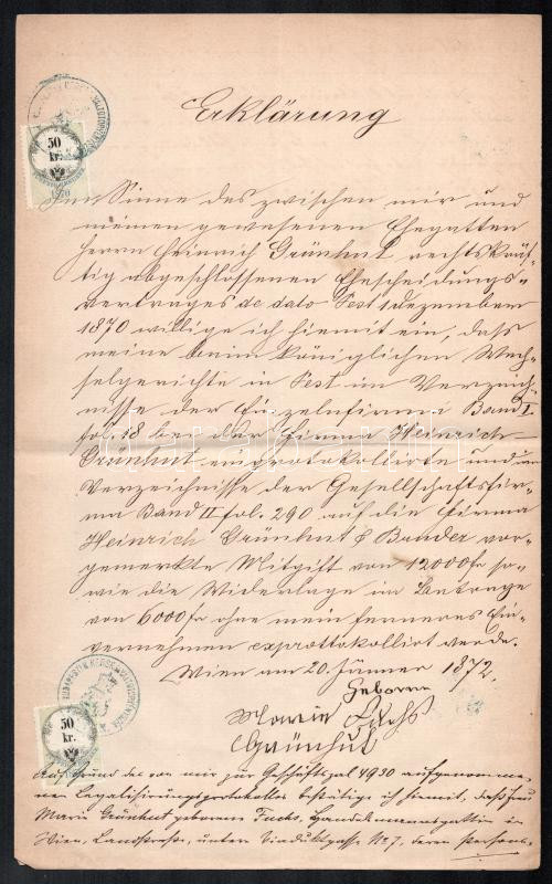 Bécs 1872 Okmány 2 x 50kr okmánybélyeggel