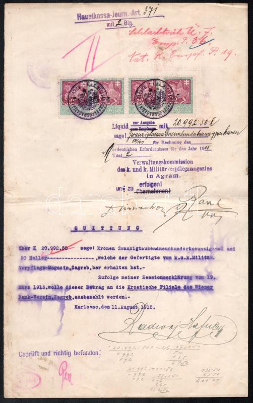 Karlovac 1915 Katonai vonatkozású nyugta 20.992K összegről 4 x 50K okmánybélyeggel