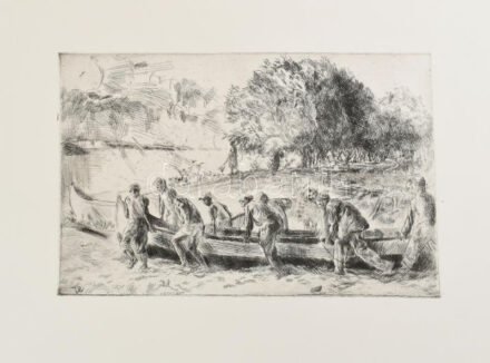 Aszódi Weil Erzsébet (1901-1976): Csónakosok (cím nélkül). Rézkarc, papír. Jelzett a karcon. Lap széle kissé foltos. 18x28 cm