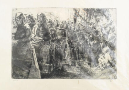 Aszódi Weil Erzsébet (1901-1976): Templomba menet (cím nélkül). Rézkarc, hártyapapír, jelzett, próbanyomat '1 próba' jelzéssel. 20,5×30 cm