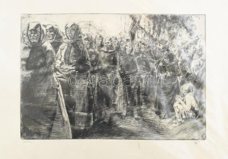 Aszódi Weil Erzsébet (1901-1976): Templomba menet (cím nélkül). Rézkarc, hártyapapír, jelzett, próbanyomat '1 próba' jelzéssel. 20,5×30 cm