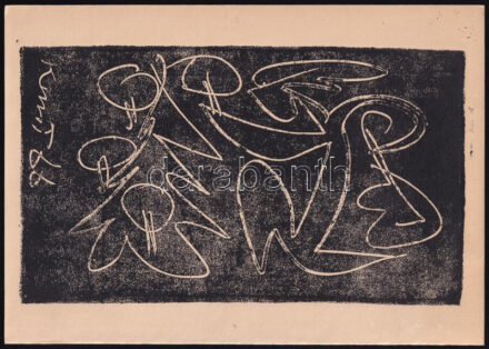 Kunt Ernő (1920-1994): Absztrakt kompozíció (cím nélkül), 1966. Linómetszet, papír. Jelzett a metszeten. Hátoldalán Kunt Ernő autográf karácsonyi és újévei üdvözlő soraival 1966-ból. 19x11 cm