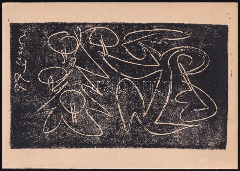 Kunt Ernő (1920-1994): Absztrakt kompozíció (cím nélkül), 1966. Linómetszet, papír. Jelzett a metszeten. Hátoldalán Kunt Ernő autográf karácsonyi és újévei üdvözlő soraival 1966-ból. 19x11 cm