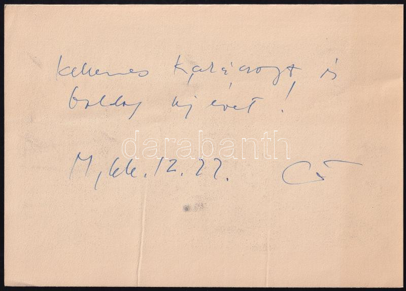 Kunt Ernő (1920-1994): Absztrakt kompozíció (cím nélkül), 1966. Linómetszet, papír. Jelzett a metszeten. Hátoldalán Kunt Ernő autográf karácsonyi és újévei üdvözlő soraival 1966-ból. 19x11 cm - Image 2