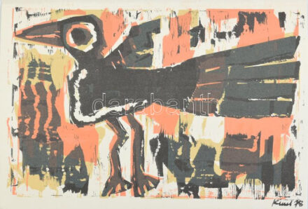 Kunt Ernő (1920-1994): Madár (cím nélkül). Linómetszet, papír. Jelzett a metszeten. Hátoldalán Kunt Ernő autográf karácsonyi és újévei üdvözlő soraival. 9x13,5 cm