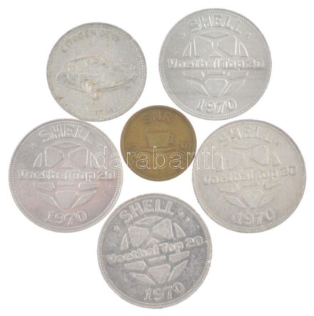 ~1970. 'Shell' kétoldalas fém emlékérem, zömmel labdarúgás témájú (6x) (19-30mm) T:1-,2 patina