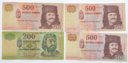 2006. 500Ft 'A forradalom 50. évfordulója 1956 október 23','EC 5858946' + 2010. 500Ft 'EC 9445789' + 2011. 500Ft 'EA 4075436' + 2007. 200Ft 'FA 4570548' T:III szép papír