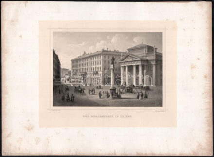 cca 1850 Ludwig Rohbock (1820-1883) - C. Rorich: Der Börsenplatz in Triest. Acélmetszet, papír, jelzett a metszeten. Kissé foltos, lapméret: 23,5x32 cm