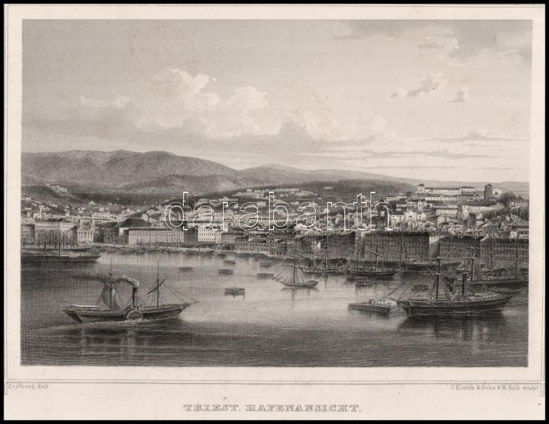 cca 1875 Perlberg - C. Rorich & Sohn & M. Kolb: Triest, Hafenansicht. Acélmetszet, papír, jelzett a metszeten. Kissé foltos, lapméret: 24x32 cm - Image 2