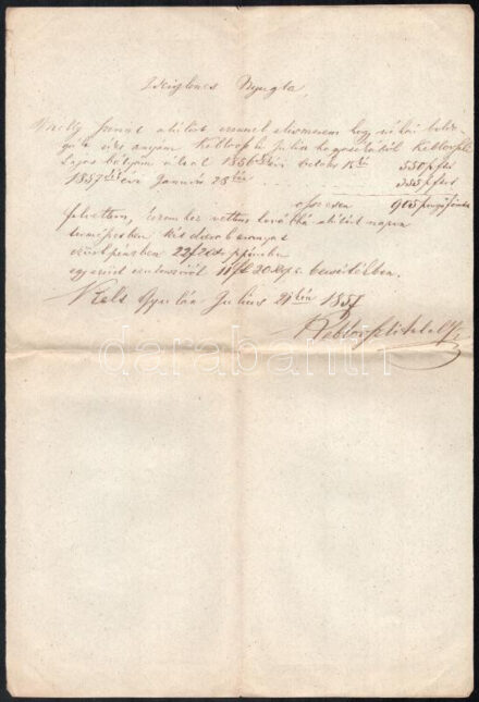 1857 Gyula, ideiglenes nyugta Keblovszky Antal aláírásával