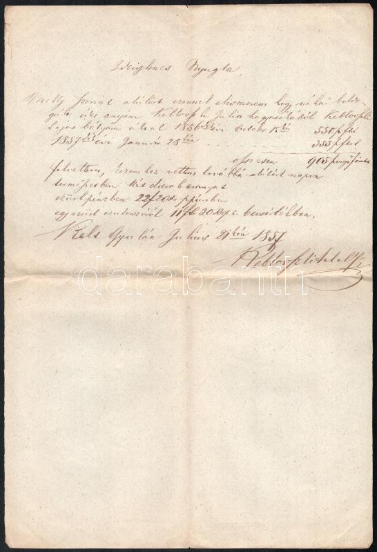 1857 Gyula, ideiglenes nyugta Keblovszky Antal aláírásával