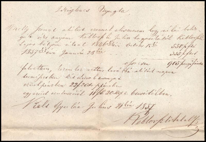 1857 Gyula, ideiglenes nyugta Keblovszky Antal aláírásával - Image 2