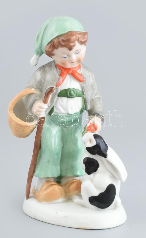 Nyulat etető fiú figura, kopásokkal, jelzés nélkül, m: 16 cm