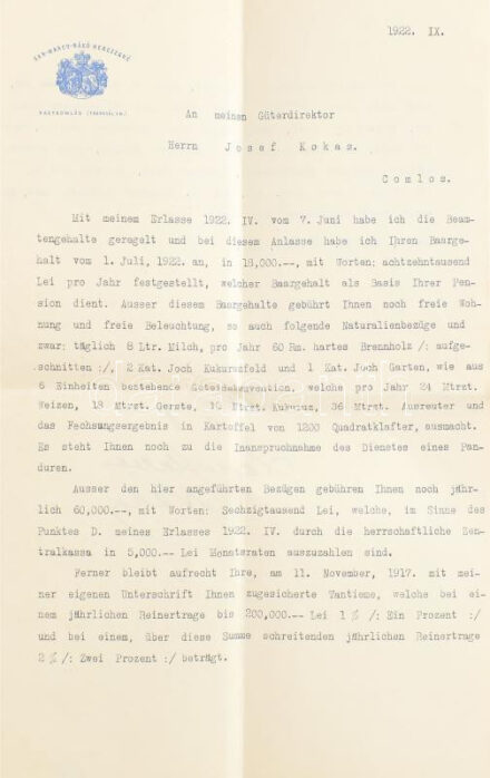 1922 Komlós, San Marco hercegné rendelkezése Kokas József juttatásaival kapcsolatban, saját kezű aláírásával