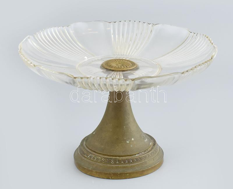 Régi fém kínáló, üvegbetéttel, kopott, m: 16 cm